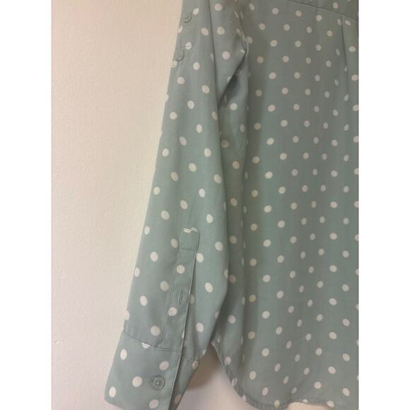 Express Shirt Womens Size xs Green Polka Dot Roll Tab Sleeve Button Front Preppy - Picture 6 of 8